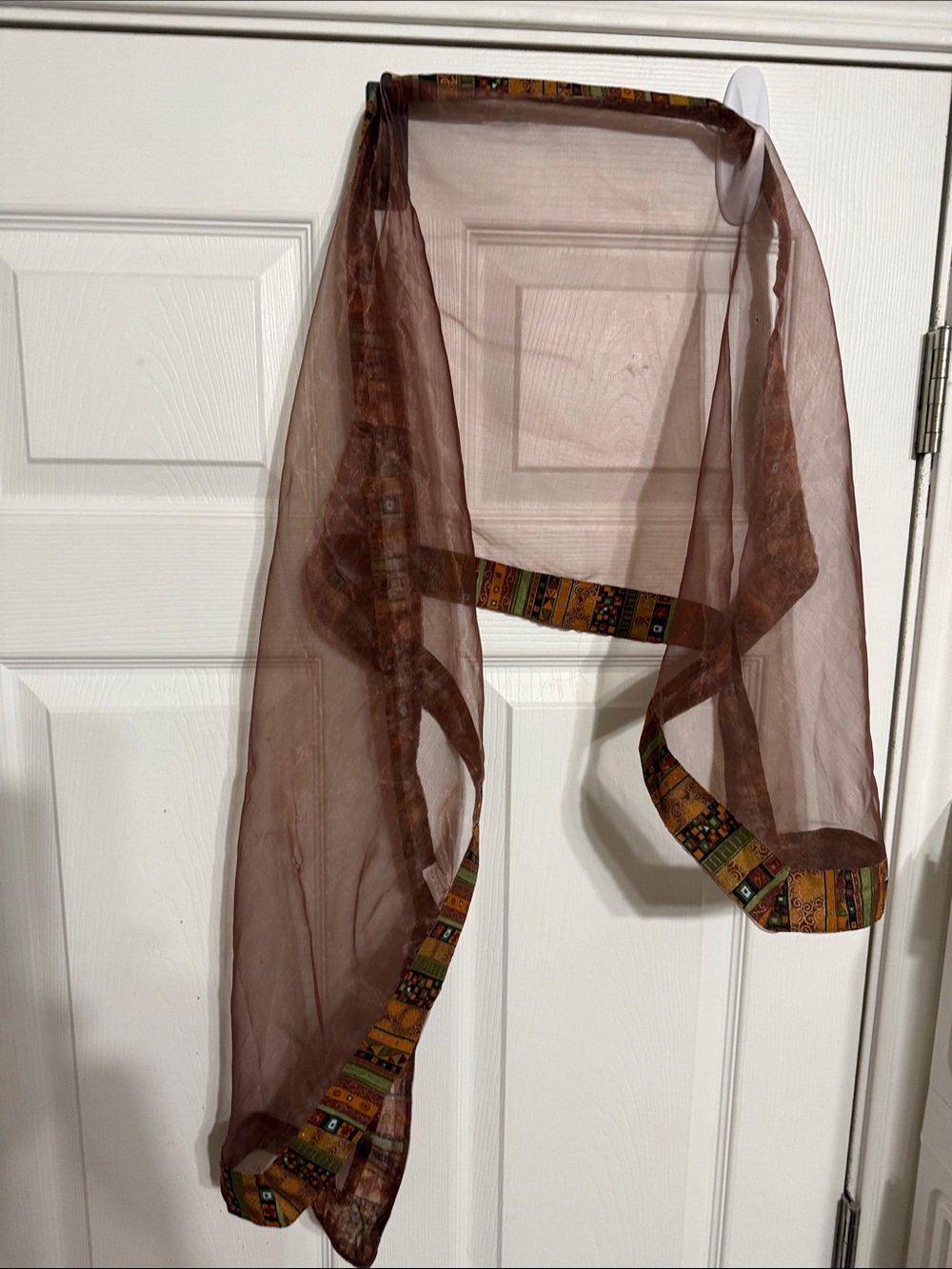 Brown Sheer Scarf with Ethnic Print Trim